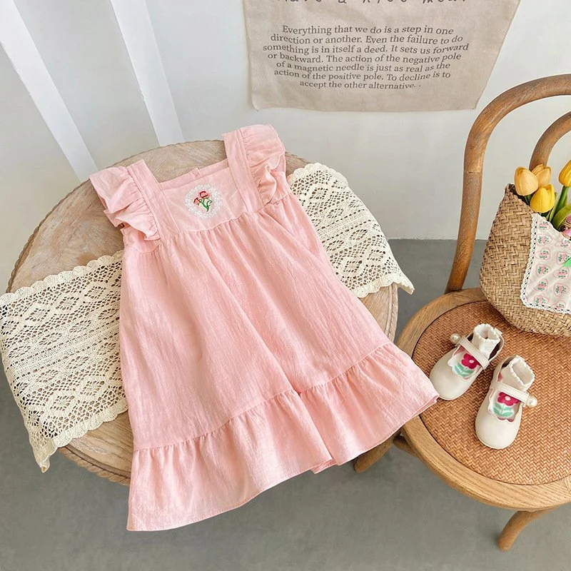 Rose Embroidery Dress 2023 New Square Collar Flying Sleeve Skirt Baby Clothes