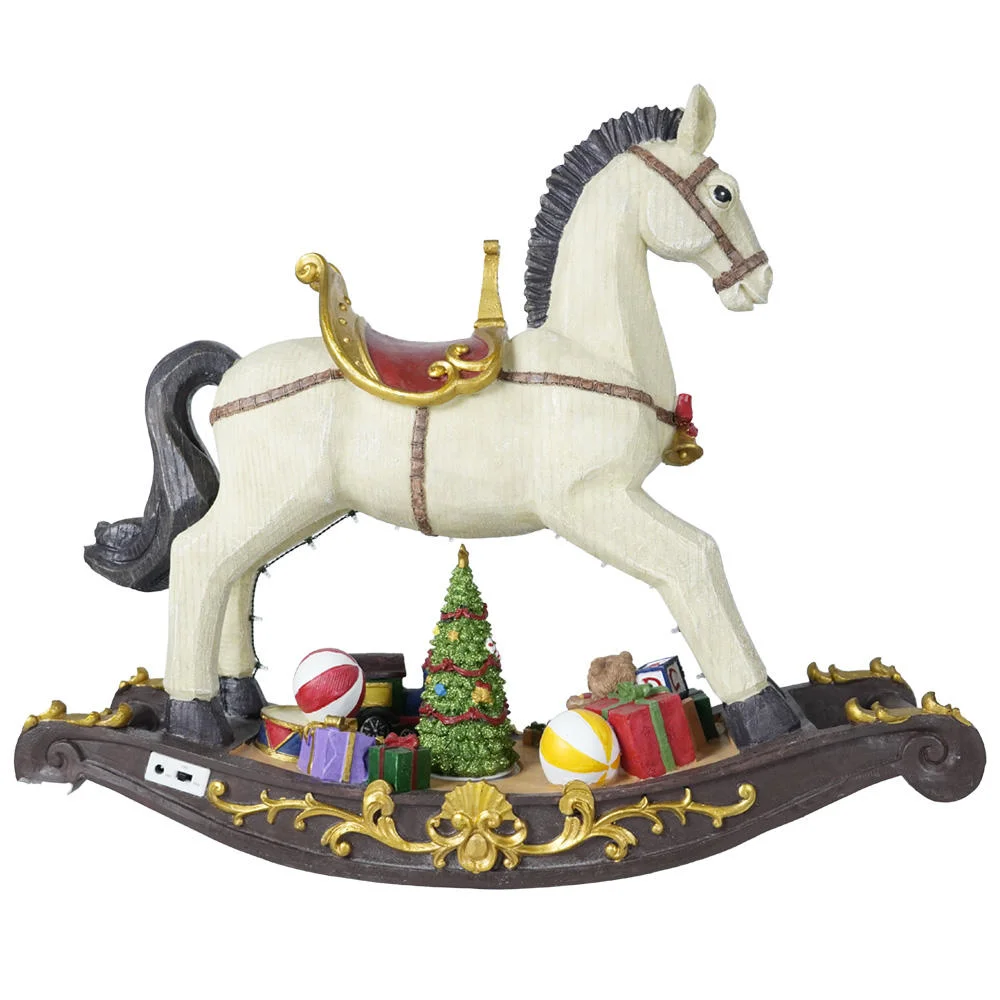 Customized Noel Holiday Decor LED Christmas Resin Musical Rocking Horse with 8 Songs