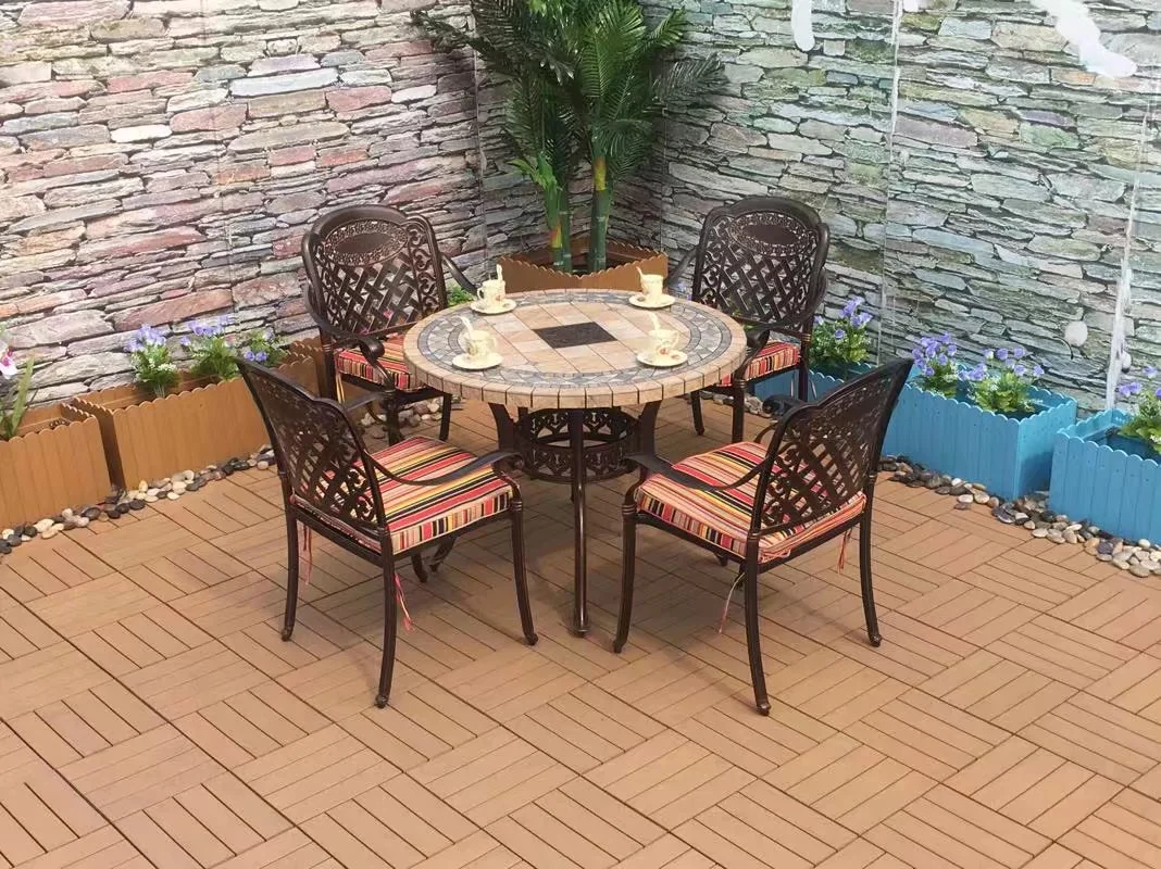 Good Quality Garden Set Cast Aluminum Patio 4 Arm Chair and 1 Round Table Dining Set Outdoor Furniture