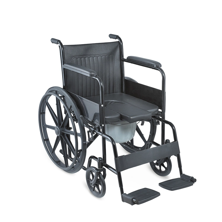 Manual Medical Fold Powder Coating Steel Transport Commode Wheelchair with Bedpan