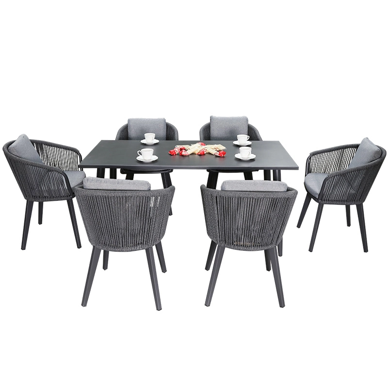 Plastic Wood Table and Rope Chair Outdoor Furniture
