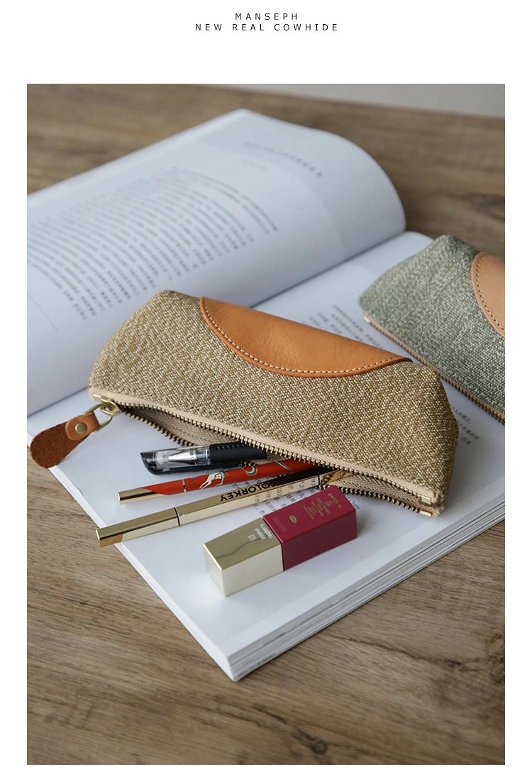 Promotional Gift Customized Embossed Logo Pencil Case Fashion Linen&PU Stitching Cosmetic Bags