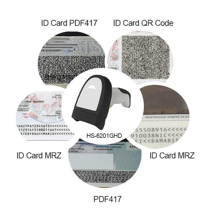 Lector de pasaporte Mrz Pistola de códigos de barras móviles de código código de barras Industria Escáner Escáner de códigos QR (HS-6201GHD)
