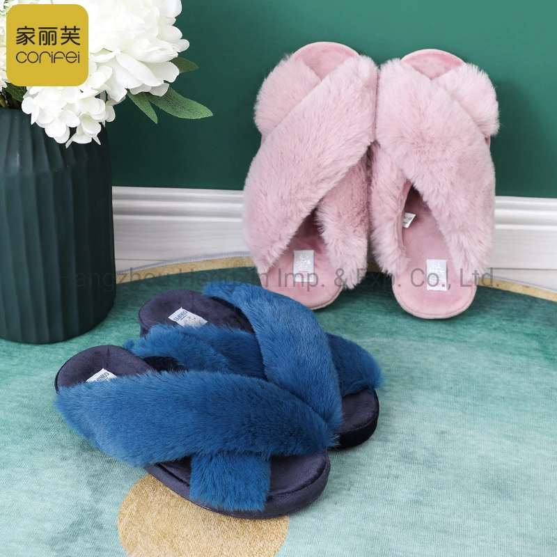 31930 House Furry Stripe Slippers Indoor Women Soft Foam Footwear