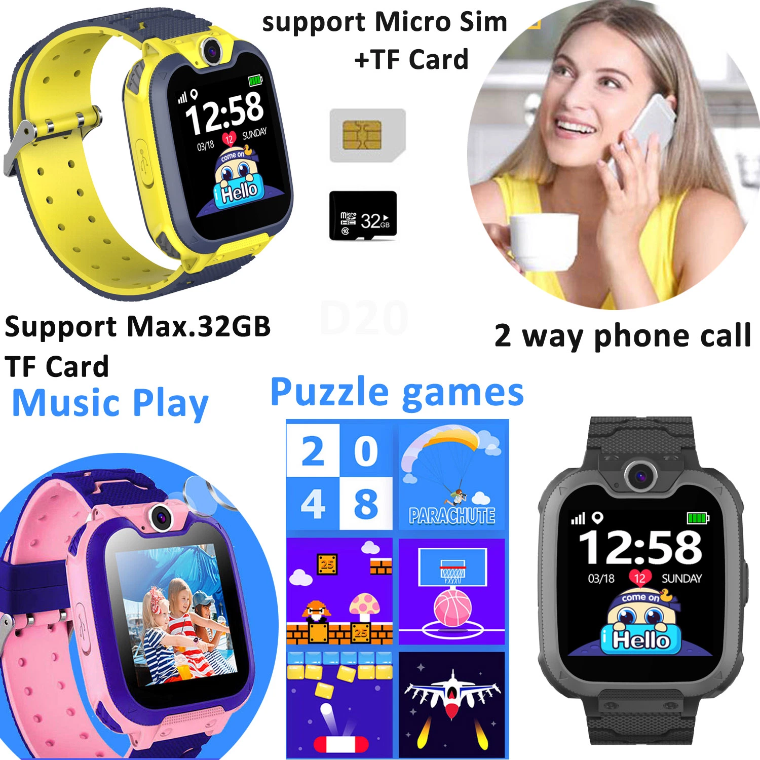 2G Kids Game Watches pantalla táctil Cámara Watch for Boys Niñas niños Smartwatches Regalos D20