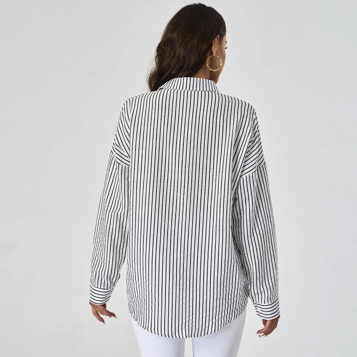 Custom Stripe Printing Collor Down Pocket Patch Casual Female Top Long Sleeve Women Shirts