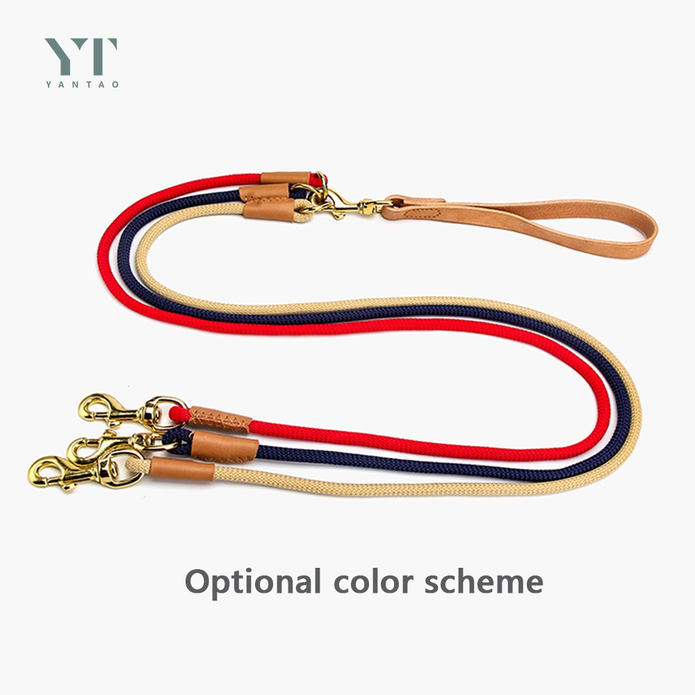 New Design Pet Product Durable Nylon Dog Rope with Luxury Leather Handle Multi Head Rope Detachable Traction Pet Rope for One to Three Pet Dogs