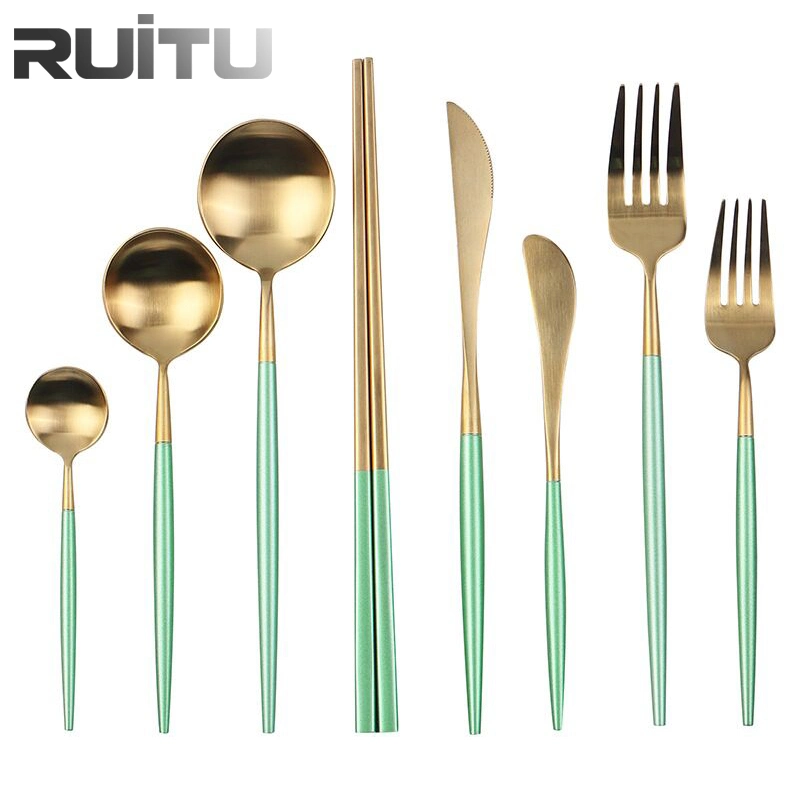 Catering Party Colored Flatware Elegant Cutipol PLA Knife Fork Spoon Set Restaurant Stainless Steel Biodegradable Cutlery Set Gold Plated and Black Cutlery