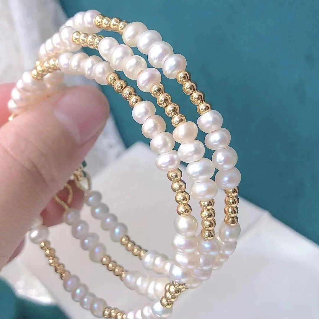 Hot Sale Natural Freshwater Pearl Bracelet with Gold Beads Handmade Women&prime; S Jewelry Bangle for Gift