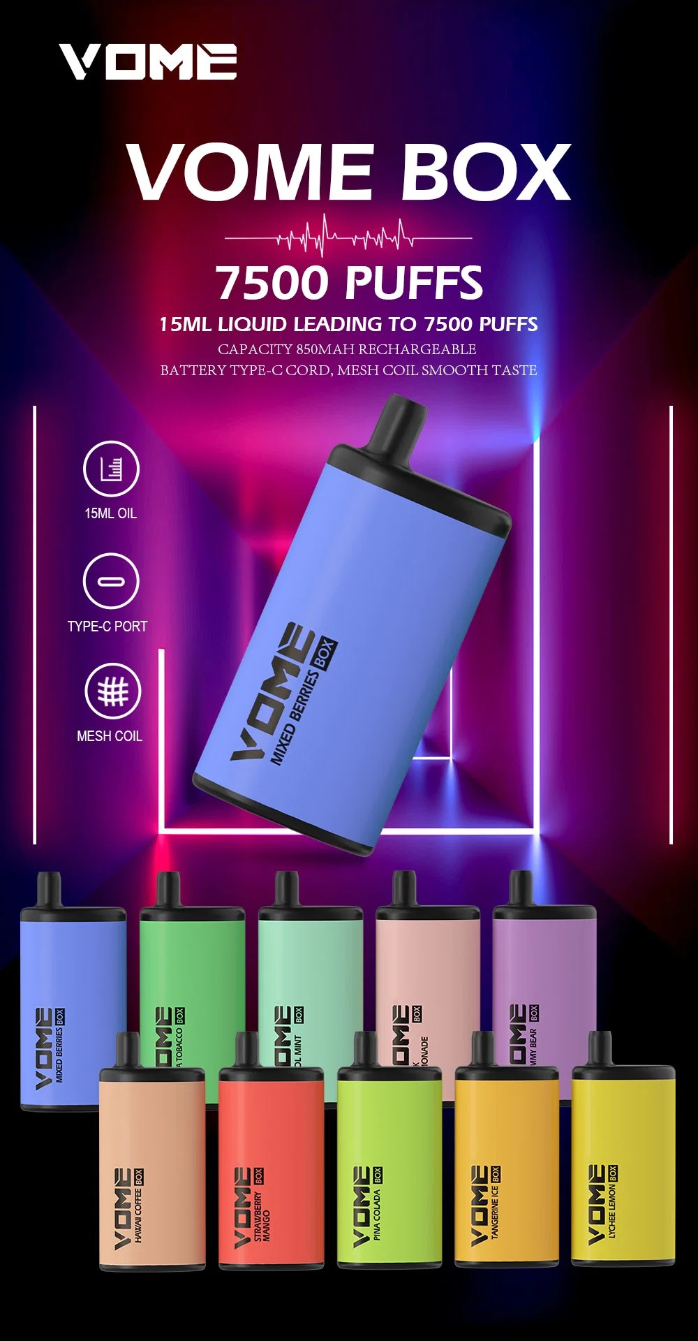 New Arrival Box Design Vome Box 7500 Puffs Disposable/Chargeable Vape Pod Rechargeable 850mAh Cobalt Battery