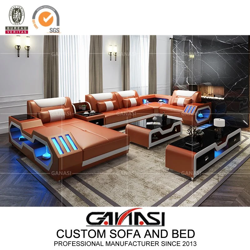 LED Light Furniture Living Room Leather Sofa with Bluetooth Speaker