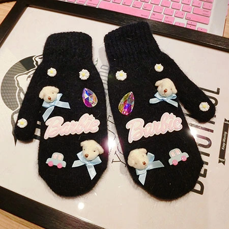 Winter Women Double Layer Rabbit Wool Daisy Flowers Bear Head Stylish Cute Cartoon Students Warm Gloves