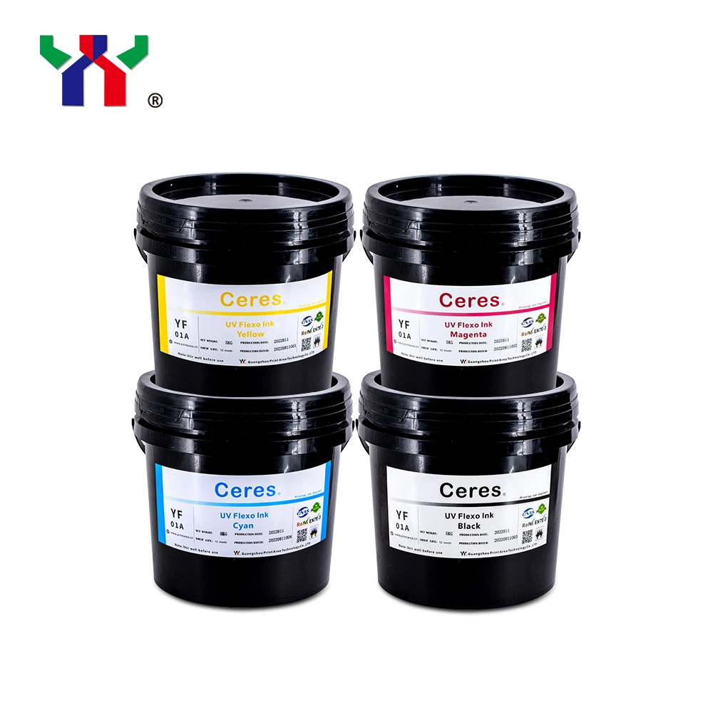 Ceres de alta calidad de la fuerza adhesiva fuerte/LED flexo UV tinta de impresión para papel y la impresión de etiquetas (PP, PET materiales) , de color amarillo, 5kg/barril