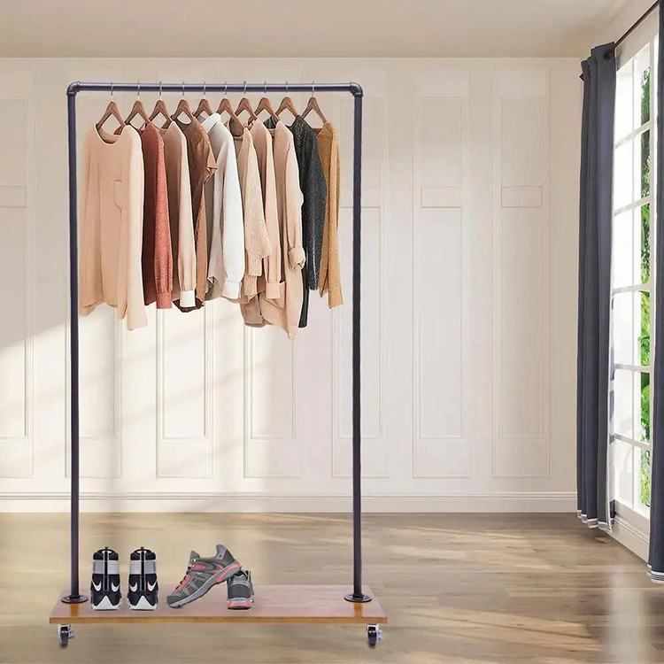Jh-Mech Wooden Bottom Shelves with Rolling Wheels Free Standing Clothing Rack