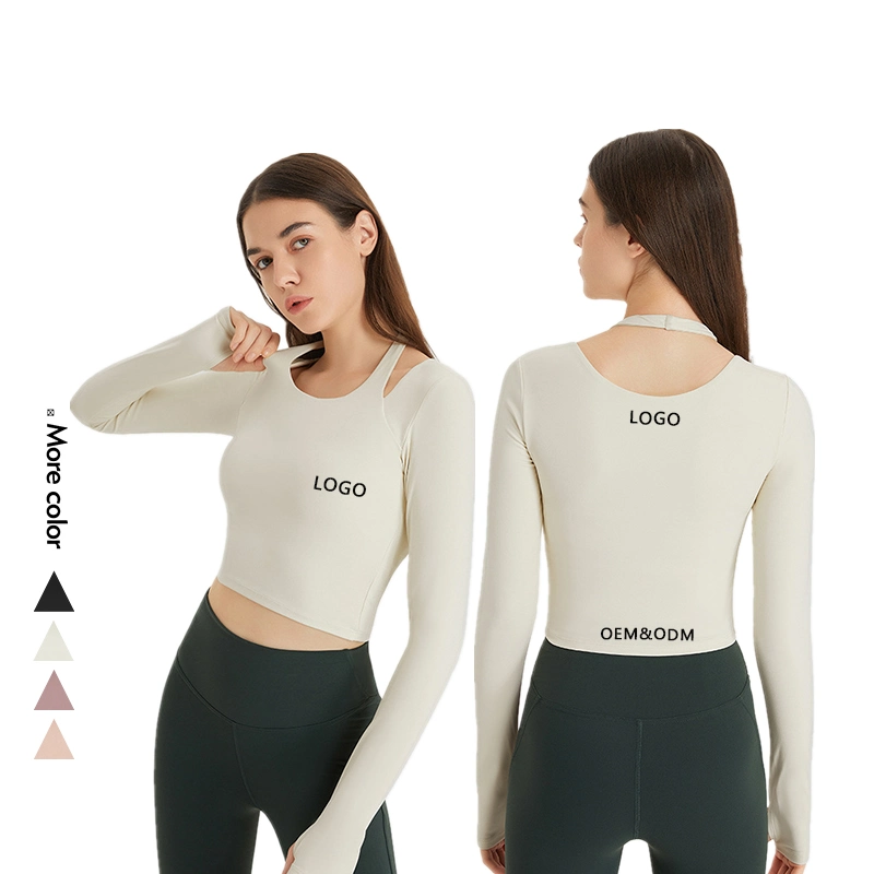 Xsunwing New Women White Sexy Neck with Inside Pad Bra High Stretchy Long Sleeve Shirts Crop Rib Gym Top Compression Athletic Wear