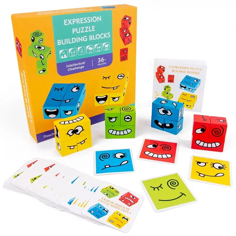 Jeu de puzzle en bois magique coloré avec une expression de visage souriant amusante, jouet en plastique promotionnel cadeau.