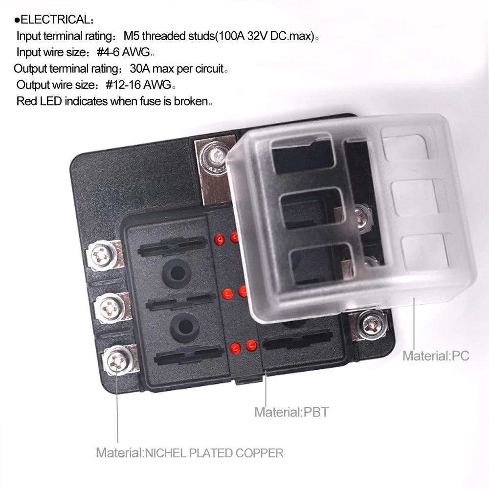 6 vias do bloco de fusíveis de Terminal de parafuso&amp;Ntraço Caixa de Fusíveis Titular Atc/ATO com luz LED de indicação e tampa de protecção, 70 PCS Stick Label