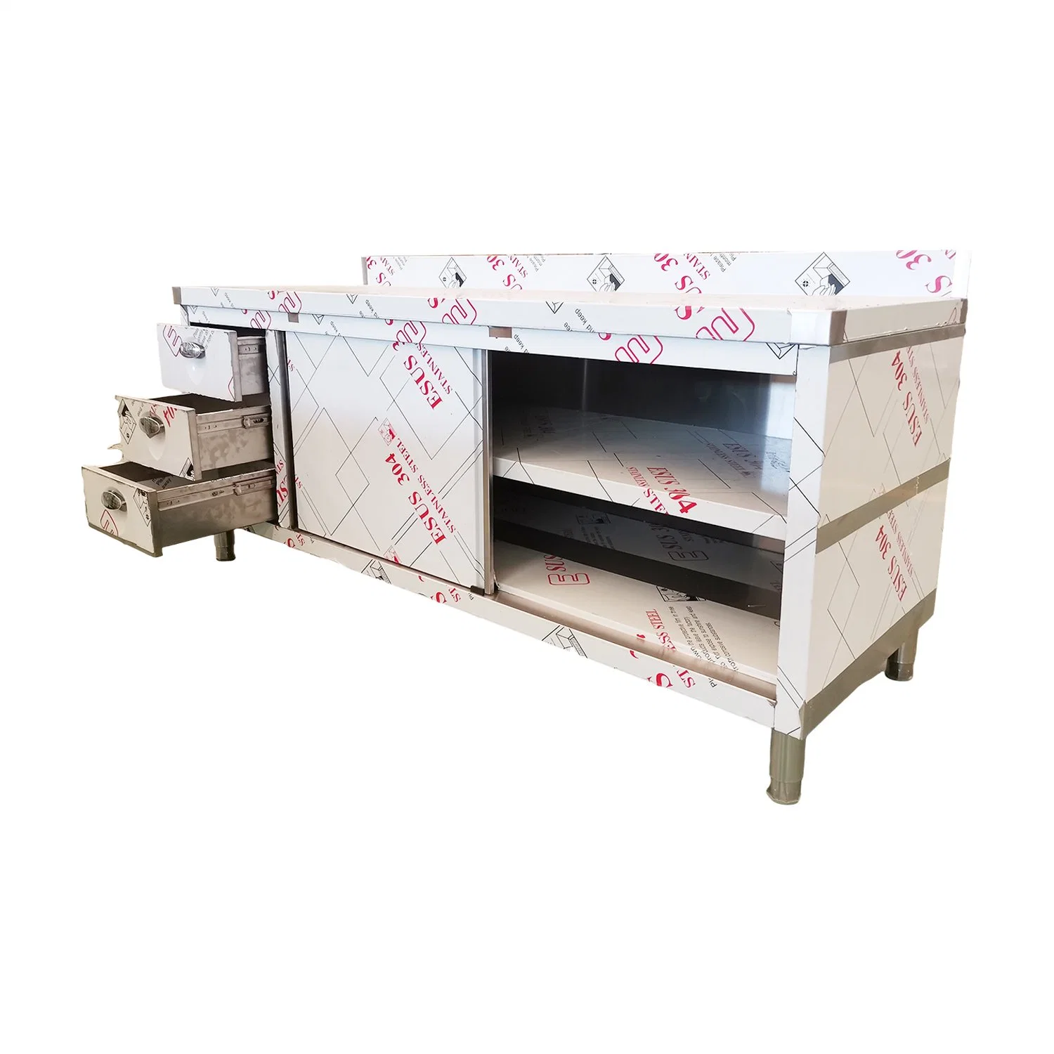 Good Quality Stainless Steel Double Doors Kitchen Work Bench with Three Drawers