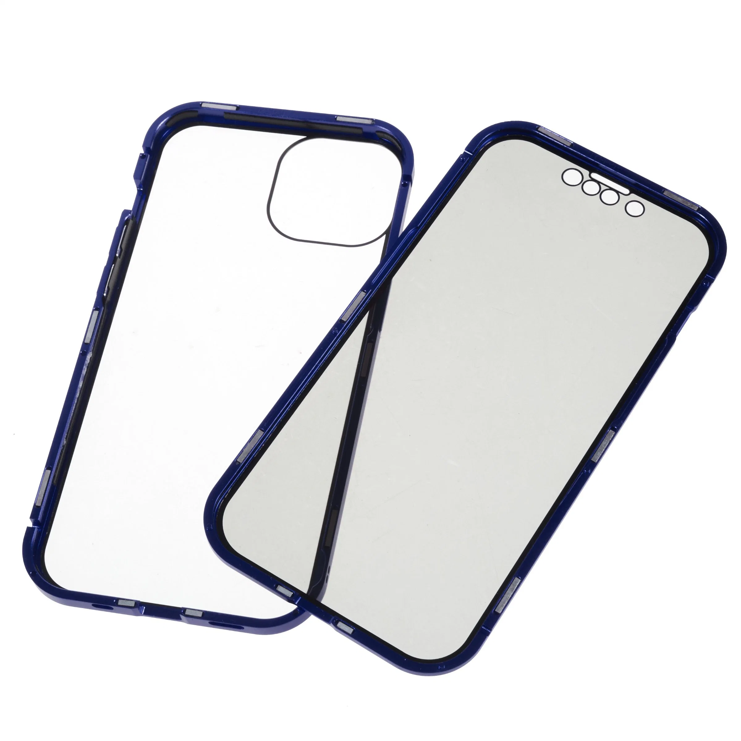 Para el iPhone 14 Anti-Spy caso Teléfono + bastidor de metal magnéticos de cristal templado de doble cara cubierta de protección plena de color azul oscuro.