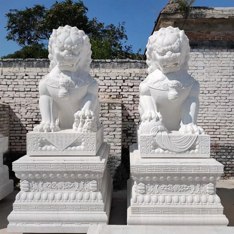 Custom Large Size Hand Carved Classic Chinese White Granite Marble Lion Foo Dog Statue for Sale