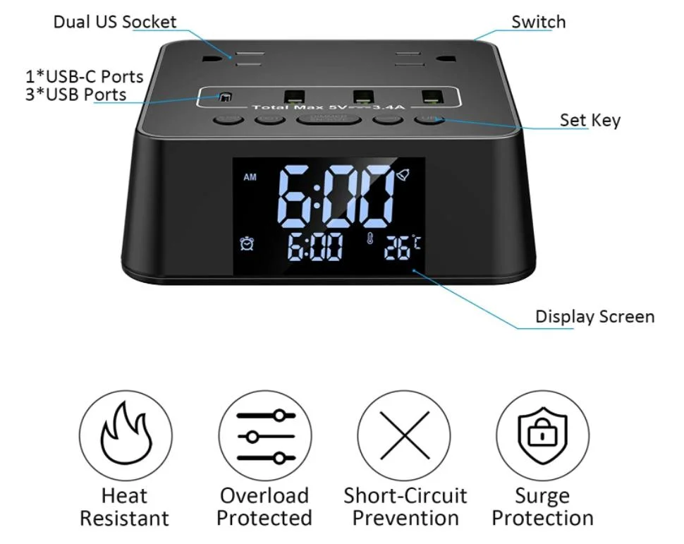 Reloj despertador Regleta Protector Socket 2 tomacorrientes de CA 3 puertos USB a USB y 1 puerto C, 6m Cable para el dormitorio, dormitorio, Hotel