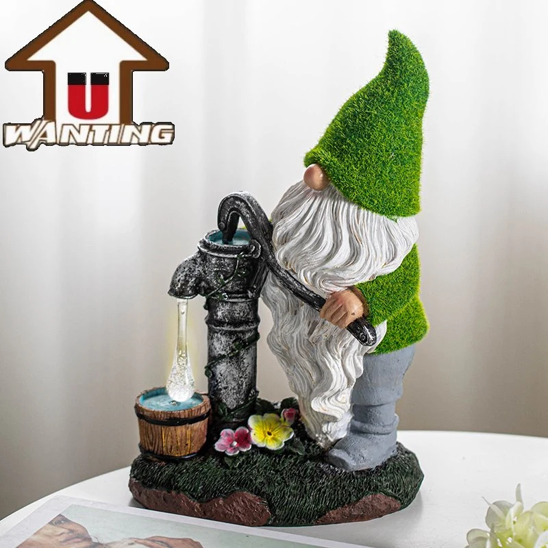 Resin Fairy Garden Artificial Grass Gnome Pressing Water Home Decoration Solar Light