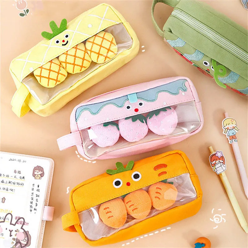 Caja de almacenamiento de papelería escolar de gran capacidad en japonés para chicas, estuche de lápices kawaii lindo de tela de lona