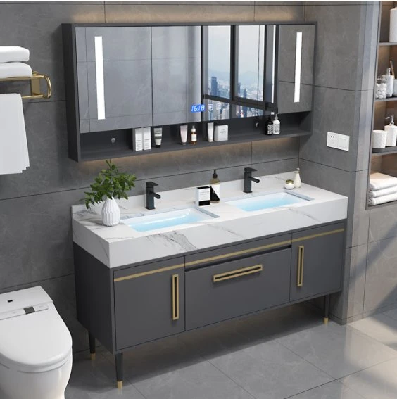 La lumière de luxe Double vasque Salle de bains Rock Conseil cabinet de toilettes modernes de combinaison simple lavage à la main du Bassin de Lavage Laver table armoire miroir défini