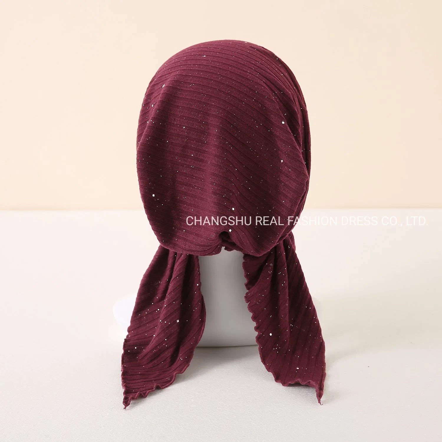 Muslim Lady New Fashion Knit Burgundy Foil Ribbed Pre-Tieds Hat with Lining and Tails