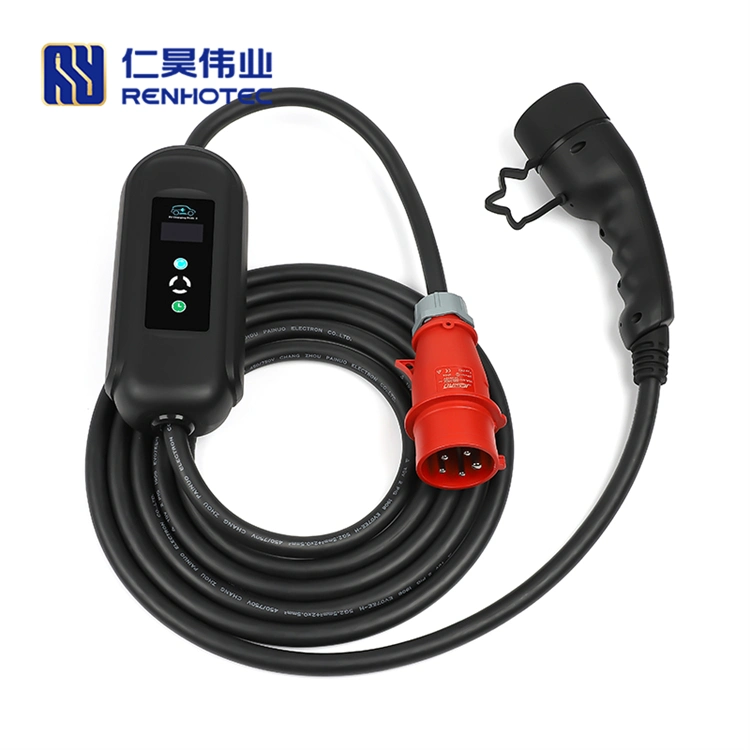 22kw Portable Charging Cable Type 2 3 Phase 32A Connector Mode 2 IEC 62196 to Red Cee Plug with 5 Meters Cable