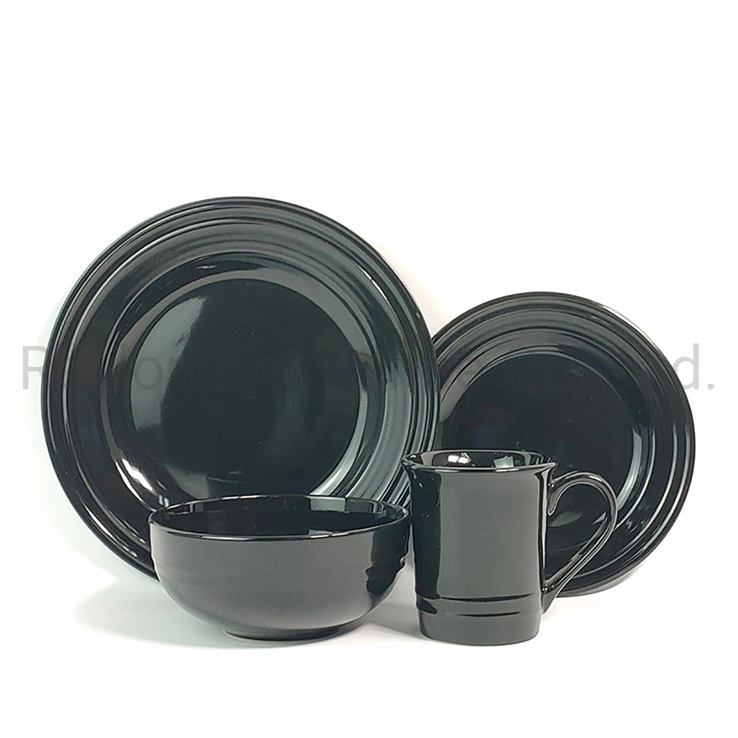 Wholesale Ceramic Plate Linear Embossed Stoneware Ceramic Black Dinner Set