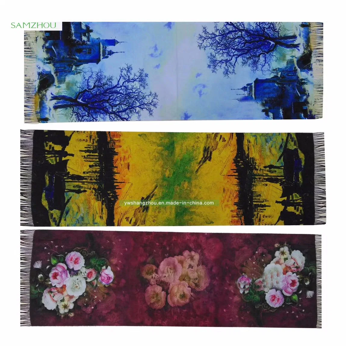 Digital Printed Polyester Scarf with Tassel Fashion Women Shawl