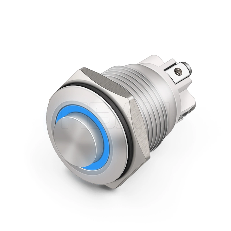 LED de anillo azul de terminal roscado de metal resistente al agua de cabeza alta de 12V Interruptor de luz 16mm