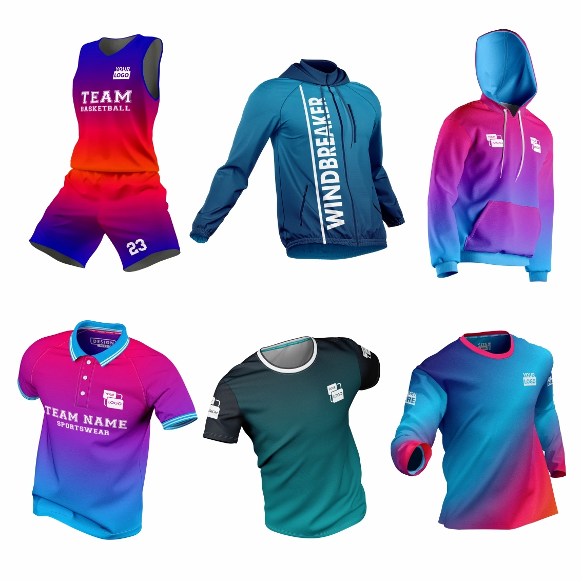 Custom Sublimation Sports Clothing for Soccer Basketball Cycling Fishing Baseball Rugby Hockey Tennis Jogging Football Yoga Gym Beach Outdoor Quick Dry Clothing