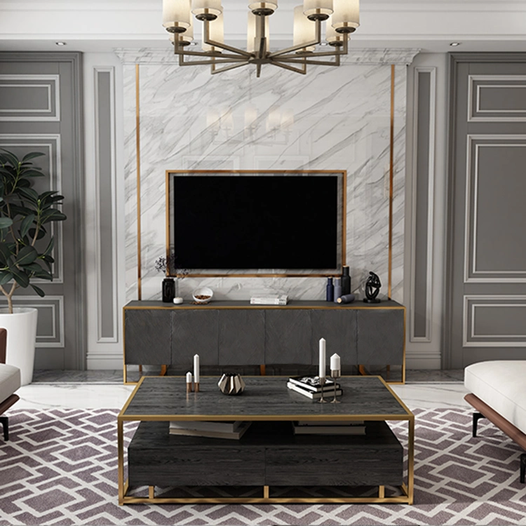 Luxury Modern Home Wood Table Sideboard Set TV Stand Coffee Table White Marble Black Wooden Living Room Furniture