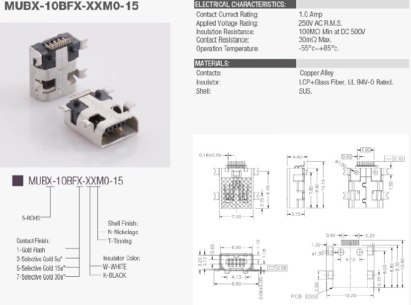 Mini USB B hembra tipo SMT Recceptacle Conn