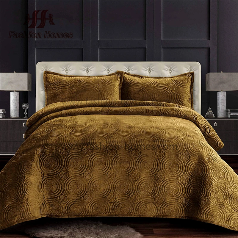 F-3175 Circle Pattern Dutch Velvet Embroidery Oversized Solid Quilt Bedding Set