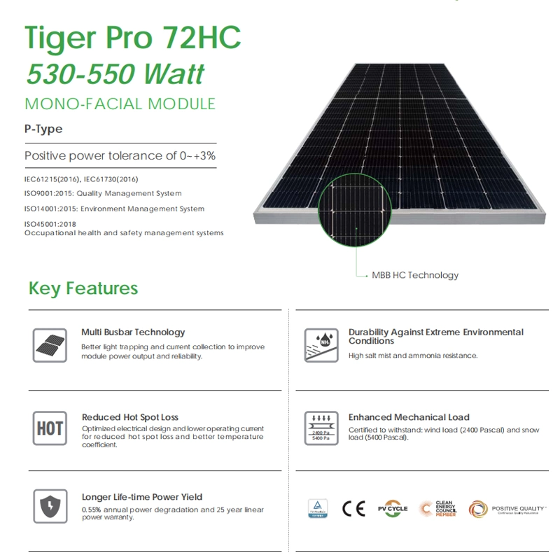 Jinko Tiger 540W PERC 9bb 182mm paneles de techo solar para la casa