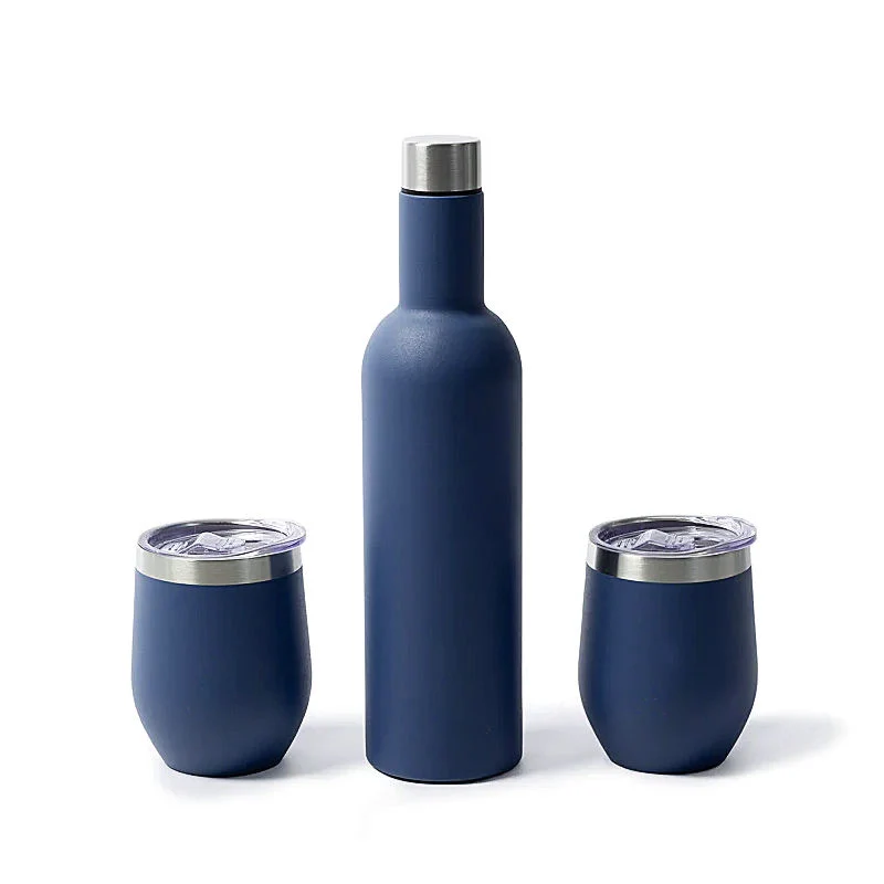 Wholesale/Supplier Custom Christmas Gift 750ml Stainless Steel Wine Bottle and 12oz Insulated Wine Tumbler Cups Set with Gift Box Navy Blue