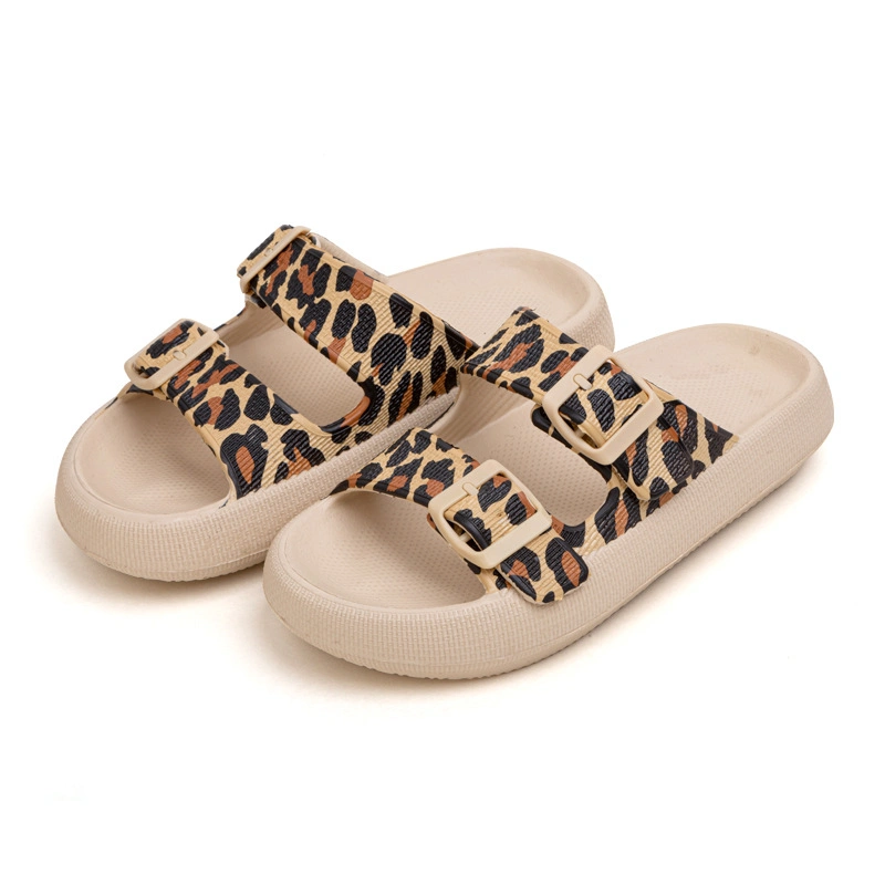 Leopard Printing Pillow Slides Fashion Casual Double-Buckle Slippers Thick Bottom Step on Shit Feeling EVA Sandals Slippers for Women