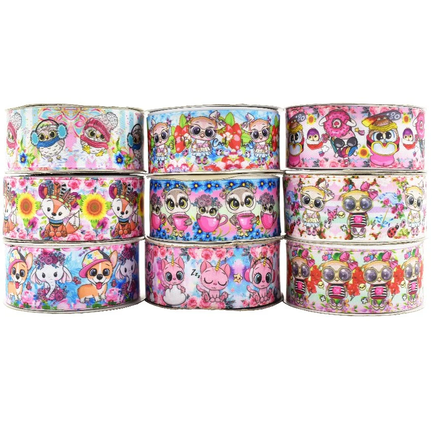 Factory High Quality Fashion Cheap Wholesale Printed Ribbon Holiday Decoration Little Cute Animals Color Cartoon Pattern Printing Grograin Ribbon for Wreath