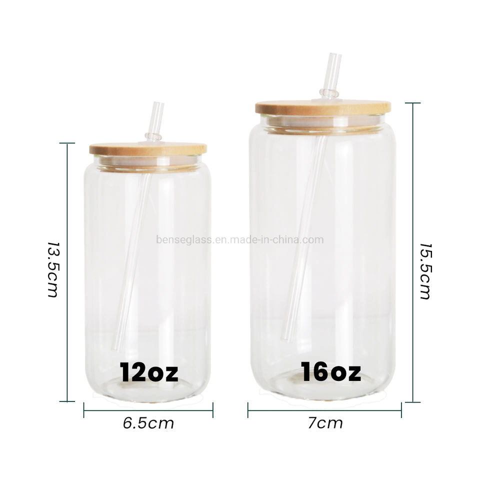 Us Warehouse 12oz 16oz Frosted Clear Beer Can Shaped Sublimation Beer Jar Glass Can with Bamboo Lid and Straws