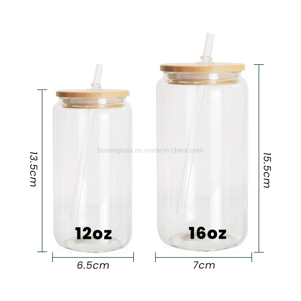 US Warehouse 12oz 16oz Frosted Clear Beer kann Form Sublimation Bierglas Glasdose mit Bambusdeckel und Strohhalmen