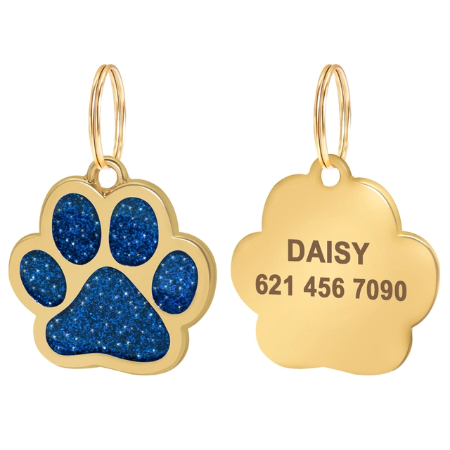Gold Plated Tags Round Rubber ID Dog Paw Luxury Identification Pet Sign Metal Crafts Steel Dog Tag with Metal Ring/Chain