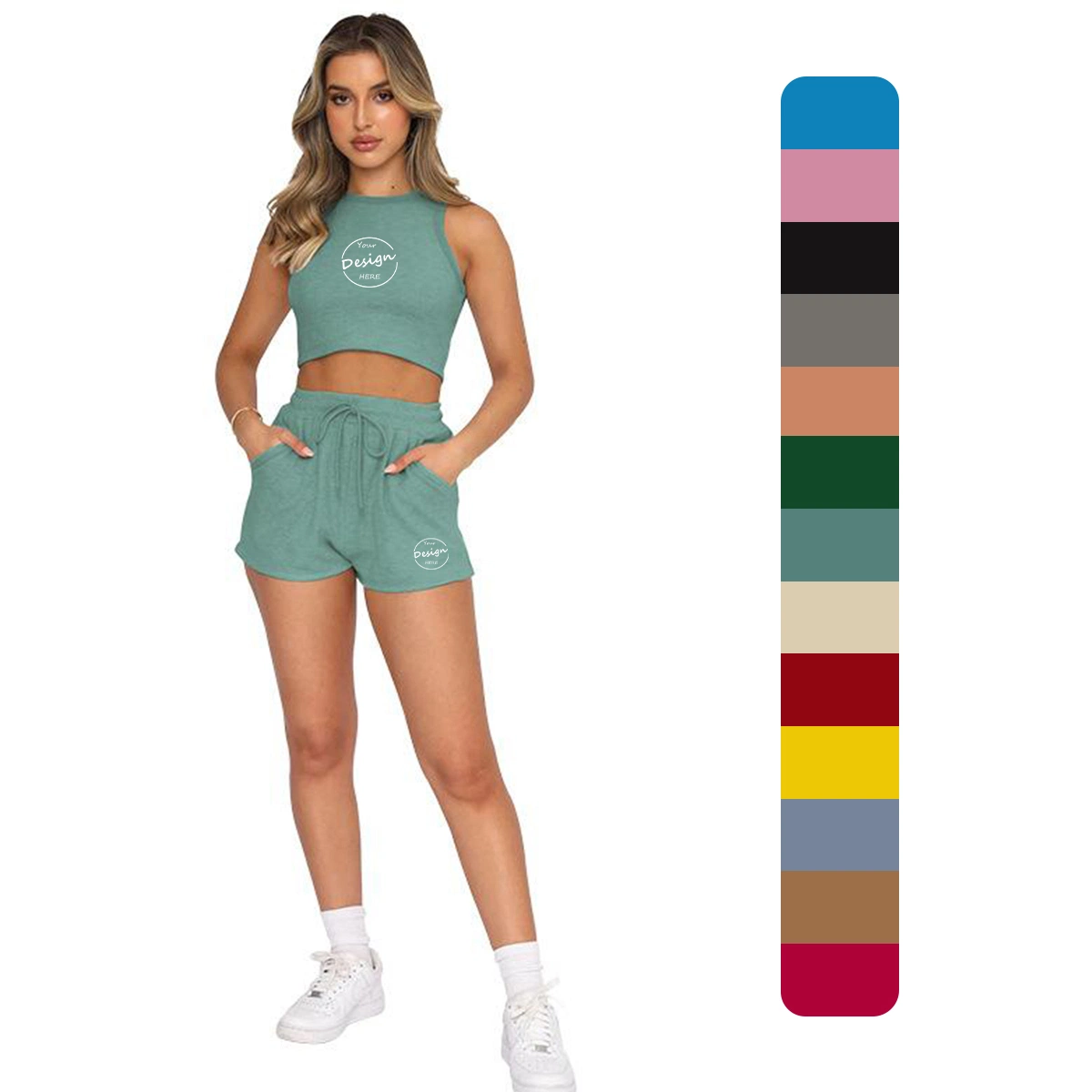 Custom Logo Summer Loungewear Suit Beach Terry Towel White 2 Piece Short Set Tank Top and Boxer Short Sets for Women