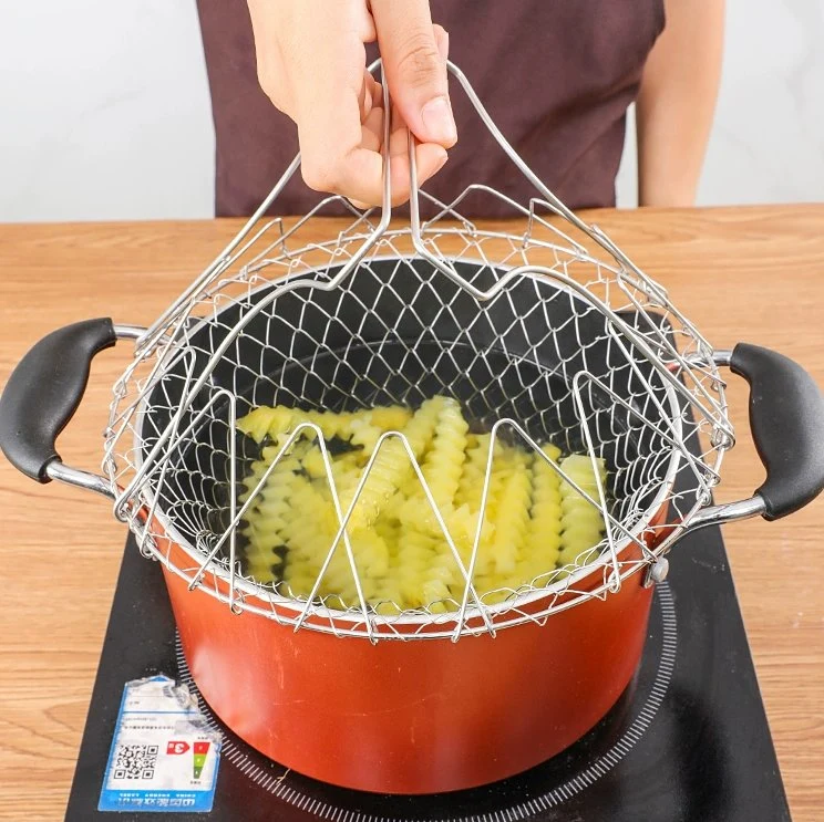 Mingwei Deep Fry Basket Stainless Steel Foldable Cooking Basket Flexible Kitchen Tool for Fried Food Strainer Washing Fruits Vegetables