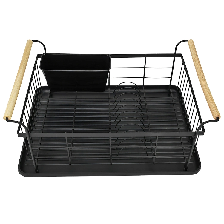 Kitchenware Metal Storage Shelf Plate Rack Dish Drainer Dish Drying Rack with Wood Handle