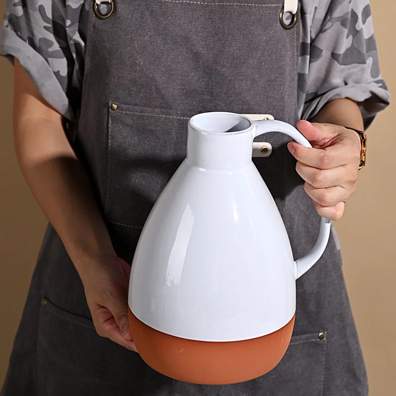 Terracotta White Shiny Glazed Kettle Jug Shaped Flower Pot with Large Thin Single Handle