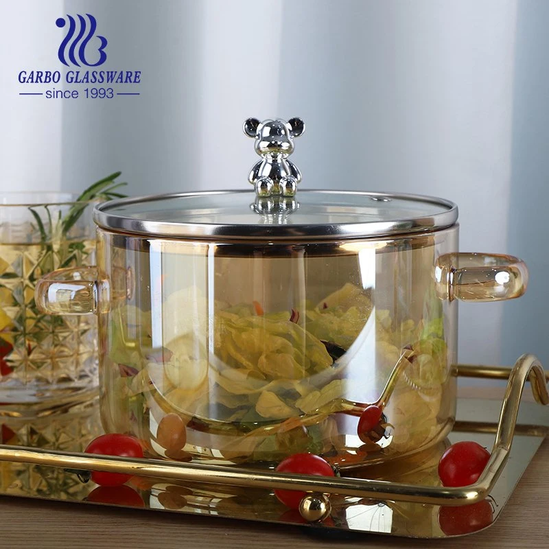 1.7L 2.65L Big Capacity Custom Noodle Container Heat Resistant Gold Glass Tureen with Lid and Ear