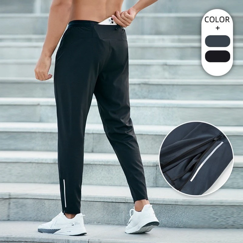 Mens Fast Dry Drawstring Jogging Gym Trousers with 3 Pockets Casual Zipper Cuff Outdoor Sports Exercise Pants Lifting Workout Bottom Wear